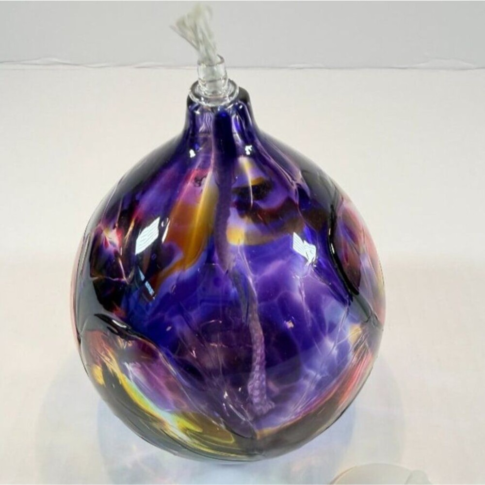 Hand Blown Art Glass Oil Lamp One-of-a-Kind Purple Multicolor